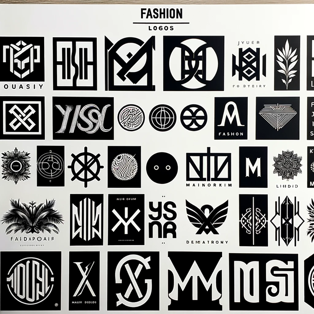 DALL·E 2024-01-29 17.48.41 - A vision board featuring multiple fictitious fashion brand logos, all designed in black on a white background. The logos should vary in style, ranging
